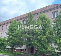 Das Wohnhaus in der Gorkého-Straße in Medzilaborce, umgeben von Grünflächen und Bäumen.
