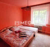 Schlafzimmer mit Doppelbett und Fenster, 2-Zimmer-Wohnung, Boden mit Holzdekor.