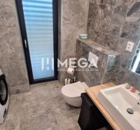 Badezimmer in einem Einfamilienhaus mit Waschmaschine, Waschbecken, Toilette und großem Spiegel.