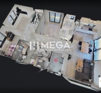 3D-Ansicht des Grundrisses eines Einfamilienhauses mit einem Boden in Holzoptik.