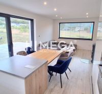 Innenraum eines Einfamilienhauses mit geräumiger Küche und Wohnzimmer, Boden mit Holzdekor.