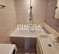 Badezimmer mit Badewanne und Waschbecken, Fliesen mit Blumenmuster in einer 3-Zimmer-Wohnung.