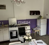 Esszimmer in einem Einfamilienhaus mit lila Wand, Blumendekor und Küchengeräten.