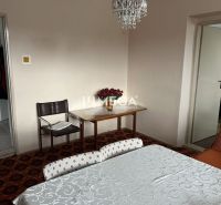 Esszimmer in einem Einfamilienhaus mit einem hängenden Kronleuchter und Blumen auf dem Tisch.