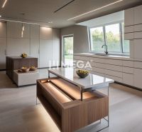 Küche in einem Einfamilienhaus mit Kücheninsel und Boden in Holzoptik.