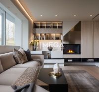 Wohnzimmer in einem Einfamilienhaus mit Kamin, Sofa und Holzboden.