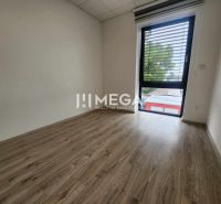 Ein Büro mit einem Boden in Holzoptik und einem großen Fenster, schlichtes Interieur.