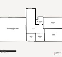 Grundriss einer 3-Zimmer-Wohnung mit Wohnzimmer, Küche, Büro, Schlafzimmer und Balkon.
