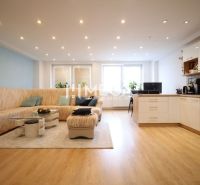 Wohnzimmer mit Küche, heller Innenraum, Sofa, Boden mit Holzdekor, 3-Zimmer-Wohnung.