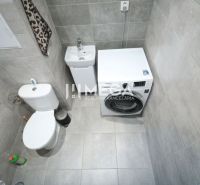Badezimmer in einer 3-Zimmer-Wohnung mit Waschmaschine und Toilette, in Grautönen gehalten.