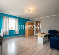 Wohnzimmer in einem Einfamilienhaus mit Holzboden und blauer Wand.