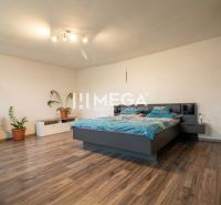 Schlafzimmer mit Bett, Fernseher, Pflanzen und Holzboden in einem Einfamilienhaus.