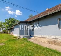 Ein Einfamilienhaus in Veľká Ida mit blauer Fassade, Garten und befestigtem Gehweg.