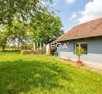 Das Äußere eines Einfamilienhauses in Veľká Ida mit Garten und Rasen, umgeben von Bäumen.