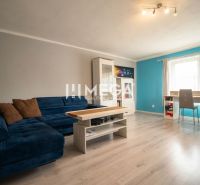 Wohnzimmer mit blauem Sofa, Tisch und Holzboden in einem Einfamilienhaus.
