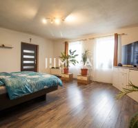 Schlafzimmer in einem Einfamilienhaus mit Holzboden, Bett, Pflanzen und Fernseher.