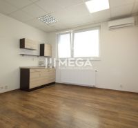 Ein Büro mit weißen Wänden, Holzboden-Dekor und Stauraum.