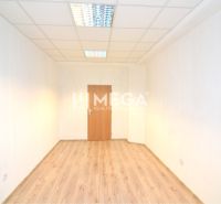 Ein Büro mit einem Boden in Holzoptik, weißen Wänden und Deckenbeleuchtung.