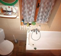Badezimmer in der Hütte mit Badewanne, Toilette und kleinem Spiegel über dem Regal.