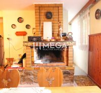 Innenraum einer Hütte mit Kamin, Holzverkleidung und Boden mit Holzdekor.