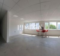 Ein klares Büro mit weißen Wänden, Deckenplatten und roten Stühlen bei den Fenstern.