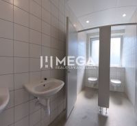 Sanitäreinrichtungen mit Waschbecken und WC in Büros, Fliesen an den Wänden.