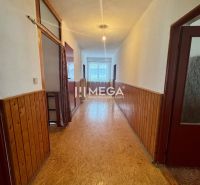 Flur mit einer Wand aus Paneelen und einem Boden mit Holzdekor in einem Einfamilienhaus.