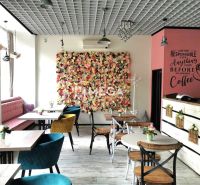 Ein Café mit einer Blumenwand in gastronomischen Räumlichkeiten und Stühlen in verschiedenen Farben.