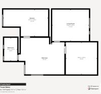 Grundriss des Erdgeschosses eines Einfamilienhauses mit Küche, Wohnzimmer und Badezimmer.