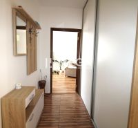 Flur mit einem Kleiderschrank in einer 4-Zimmer-Wohnung mit einem Boden in Holzoptik.