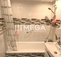 Badezimmer in einer 4-Zimmer-Wohnung mit Badewanne, Dusche und Wandfliesen.