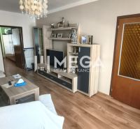 Innenraum einer 4-Zimmer-Wohnung mit Wohnzimmer, Sofa, Holzboden und Möbeln.