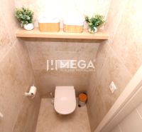 Eine Toilette mit Marmorverkleidung und dekorativen Pflanzen in einer 3-Zimmer-Wohnung.
