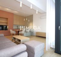 Wohnzimmer einer 3-Zimmer-Wohnung mit Holzboden und moderner Küchenzeile.