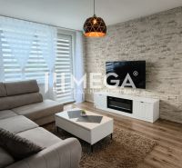 Wohnzimmer in einer 3-Zimmer-Wohnung mit Holzboden und einem Fernseher an der Steinwand.