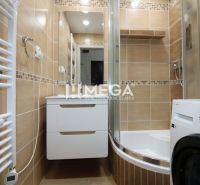 Badezimmer in einer 3-Zimmer-Wohnung mit Duschkabine und Waschmaschine, Fliesen mit Naturdekor.