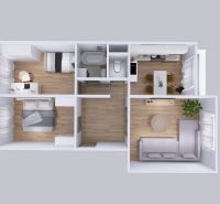 Grundriss einer 3-Zimmer-Wohnung mit Holzboden, Küche und Wohnbereich.