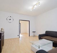 Wohnzimmer in einer 3-Zimmer-Wohnung mit Sofa, Glastisch und Holzboden.