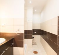 Badezimmer in einer 2-Zimmer-Wohnung mit braunen und beigen Fliesen, Waschbecken und Spiegel.
