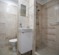 Badezimmer in einer Einzimmerwohnung mit Waschbecken, Dusche und beigen Fliesen.