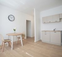 Küche in einer Einzimmerwohnung mit Holzboden, Esstisch und Uhr.