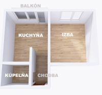 Grundriss einer 1-Zimmer-Wohnung mit Küche, Zimmer, Badezimmer und Bodenbelag in Holzoptik.