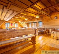 Innenraum eines Einfamilienhauses mit Holzwänden, Bänken und einem Boden mit Holzdekor.