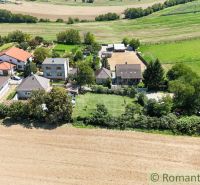 Dorfgärten in Pastuchov mit Häusern, umgeben von Feldern und Wiesen.