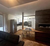 Wohnzimmer mit Küchenzeile, Sofa und Holzboden in einer Zweizimmerwohnung.
