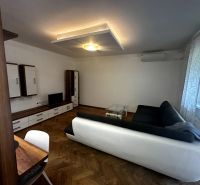 Wohnzimmer mit Sofa, Fernseher, Schränken und Holzboden in einer Zweizimmerwohnung.