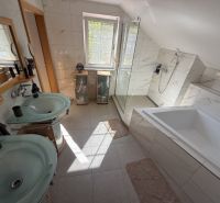 Ein Badezimmer in einem Einfamilienhaus mit zwei Waschbecken, einer Badewanne und einer Dusche.