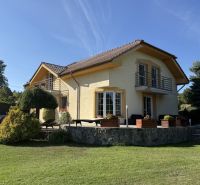 Ein Einfamilienhaus in Zlaté Moravce, umgeben von Grün, mit einer Steinterrasse und einem Balkon.