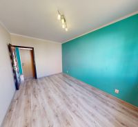 Ein Zimmer mit einer türkisfarbenen Wand, einem großen Fenster und einem Holzboden in einer 3-Zimmer-Wohnung.