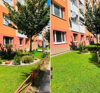 Ein Garten mit einer Bank und Blumen vor einem Wohnhaus in der Tkáčska-Straße in Spišská Nová Ves.